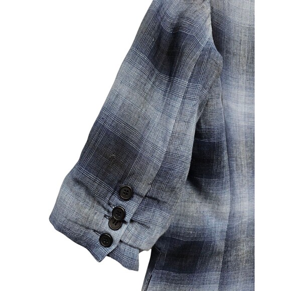 Smythe Blazer 100% Linen Shadow Plaid Tartan Blue Black Half Sleeve Pockets - Picture 15 of 16
